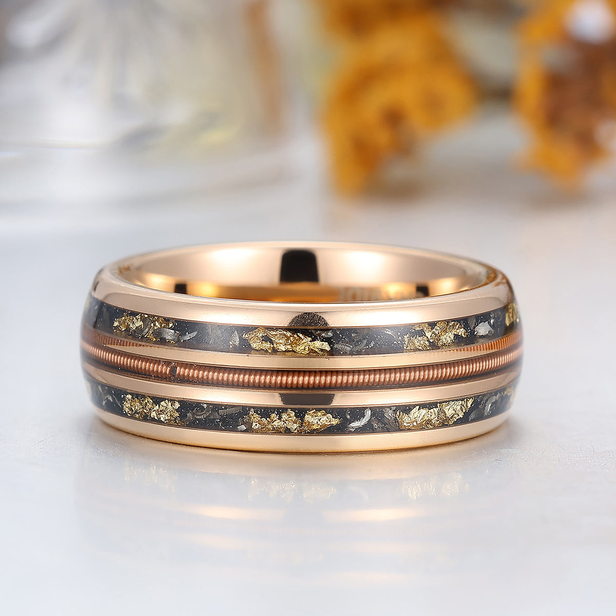 Black Meteorites Gold Foils Men' s Unisex Ring Scratch-Resistan Tungsten Poloshed Dome Ring