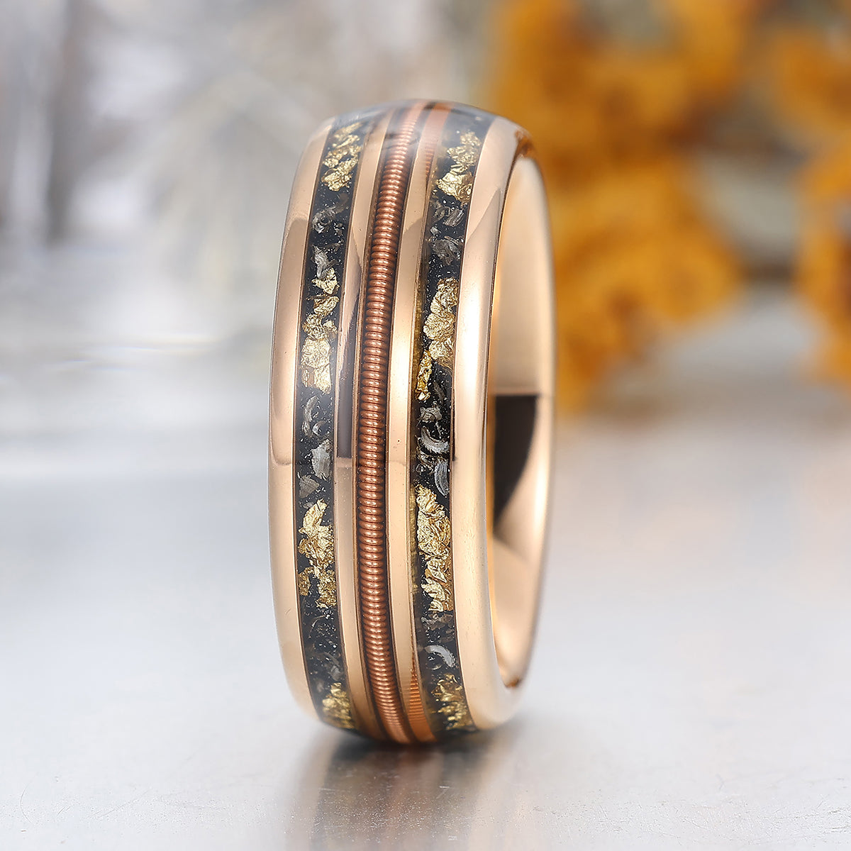 Black Meteorites Gold Foils Men' s Unisex Ring Scratch-Resistan Tungsten Poloshed Dome Ring