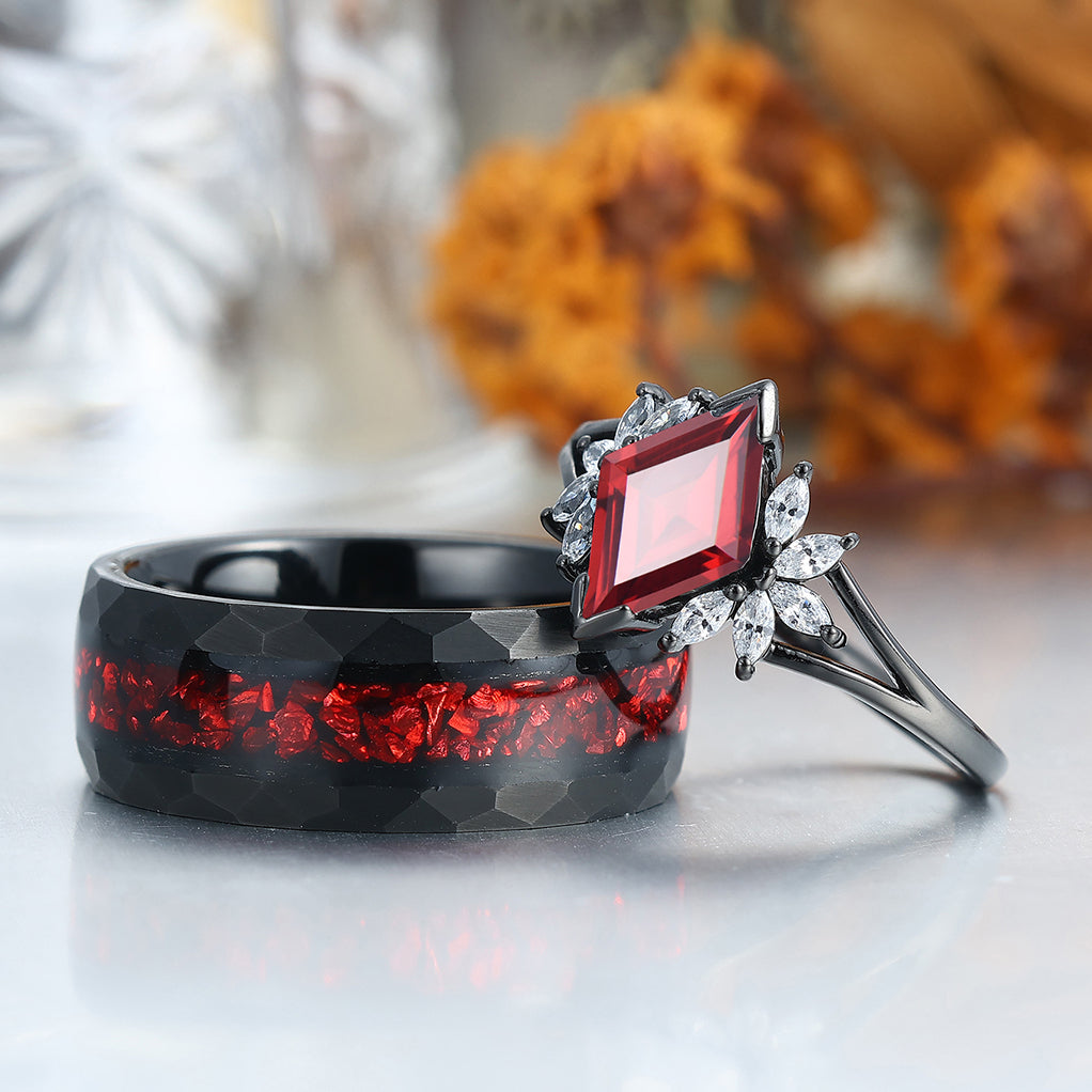 Artsy  Red Garnet Milgrain Ring Set For Couples Promise Blue Tungsten His and Hers Wedding Bands