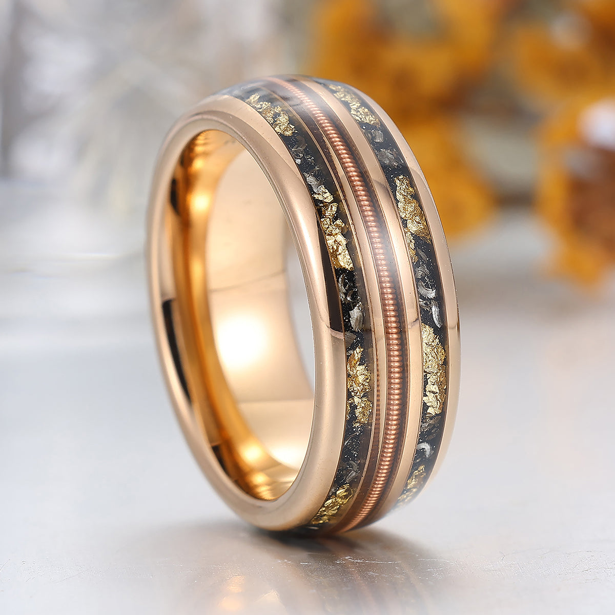 Black Meteorites Gold Foils Men' s Unisex Ring Scratch-Resistan Tungsten Poloshed Dome Ring