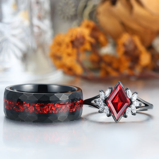 Artsy  Red Garnet Milgrain Ring Set For Couples Promise Blue Tungsten His and Hers Wedding Bands