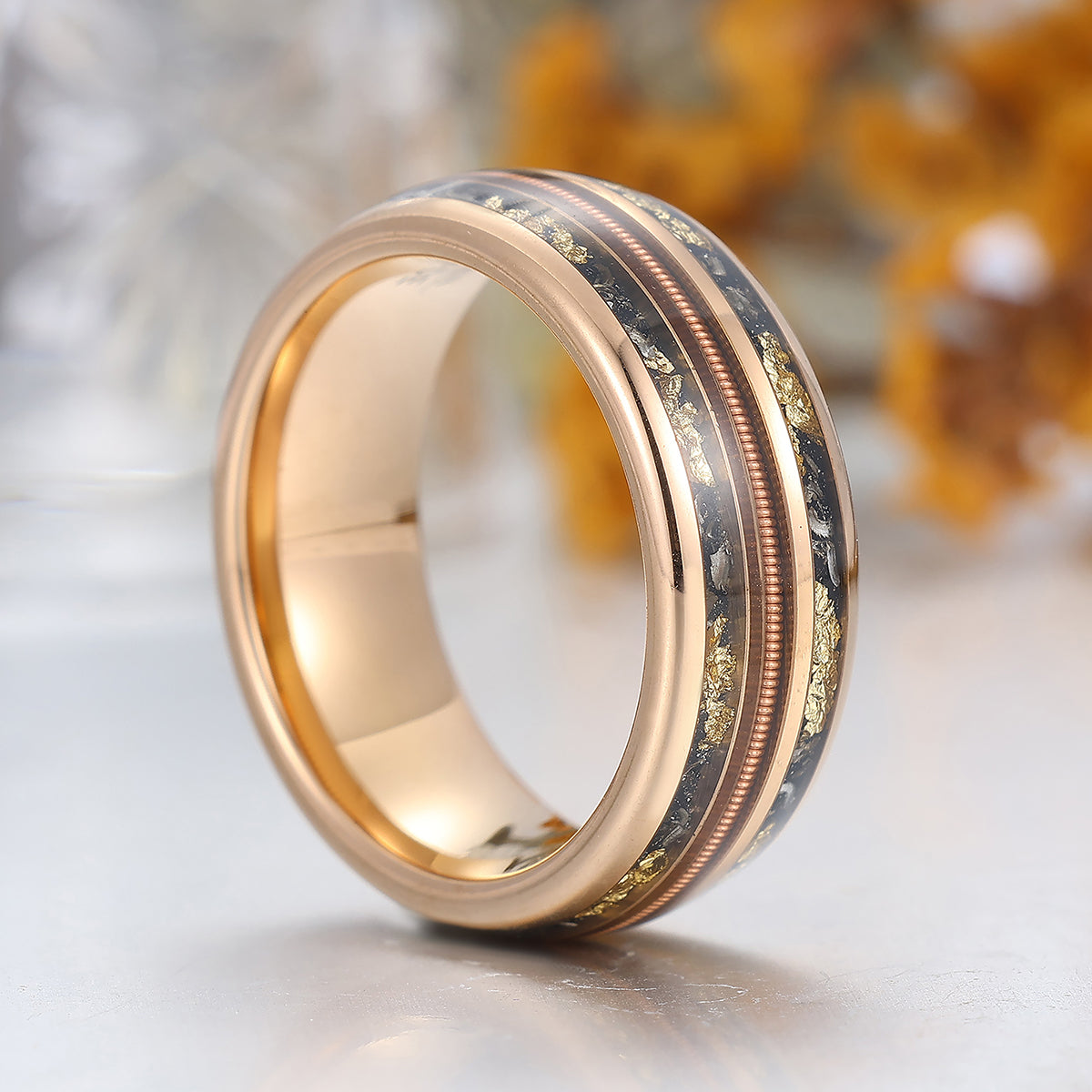 Black Meteorites Gold Foils Men' s Unisex Ring Scratch-Resistan Tungsten Poloshed Dome Ring