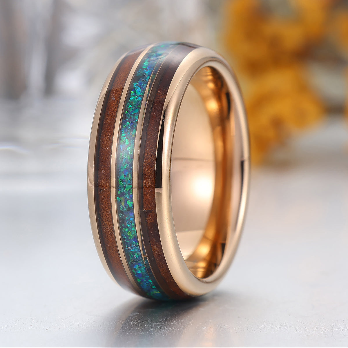 Peacock Blue Opal Wooden Tungsten Wedding Band Rose Gold Men's Tungsten Ring