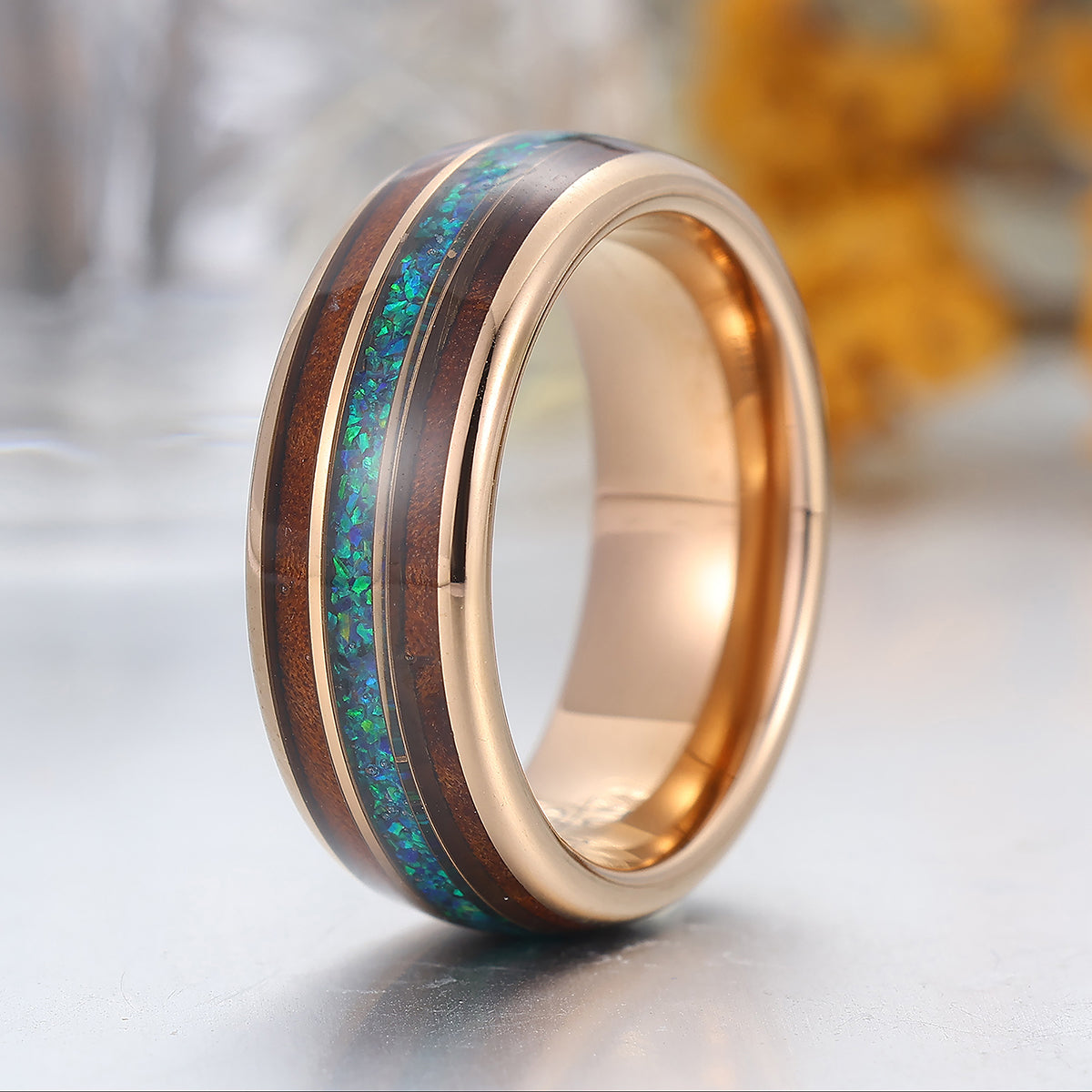 Peacock Blue Opal Wooden Tungsten Wedding Band Rose Gold Men's Tungsten Ring