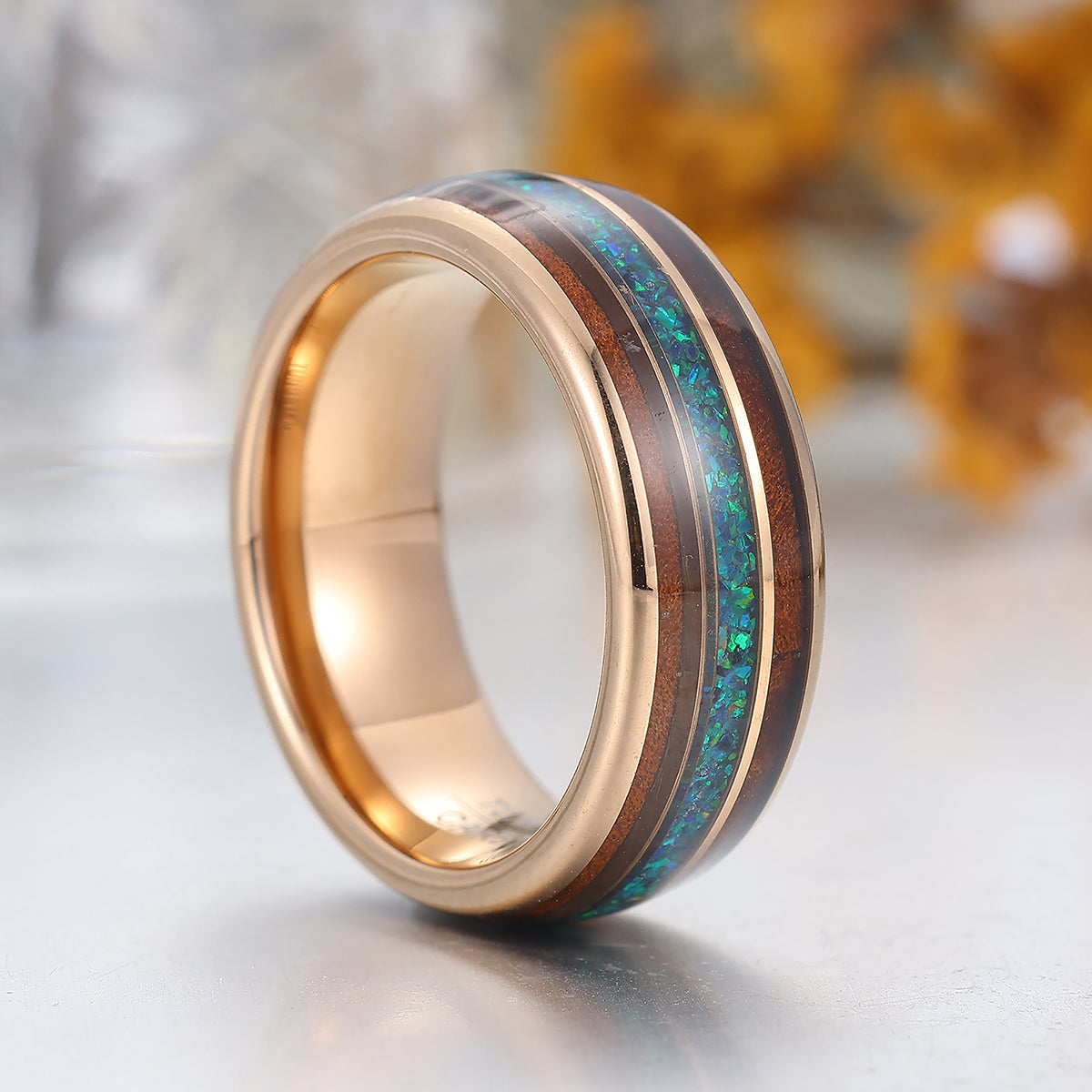 Peacock Blue Opal Wooden Tungsten Wedding Band Rose Gold Men's Tungsten Ring