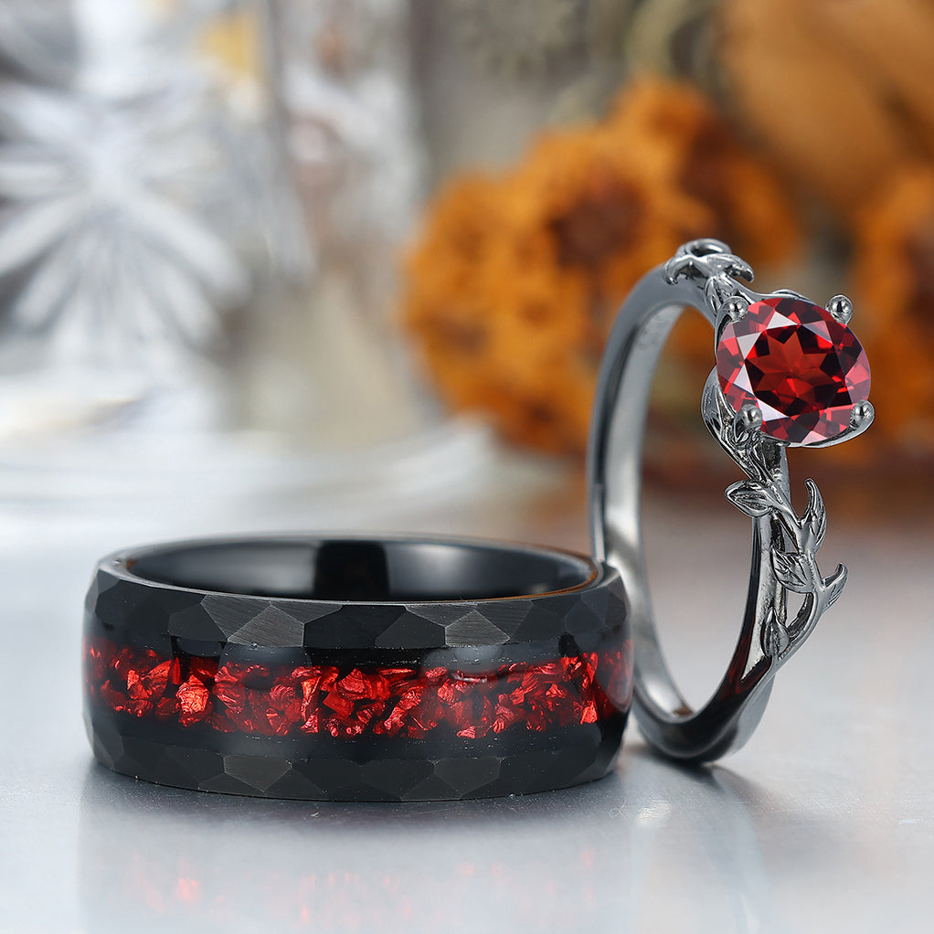 Solitaire Round Cut Red Garnet Couples Ring Set Silver And Tungsten Matching Ring Set