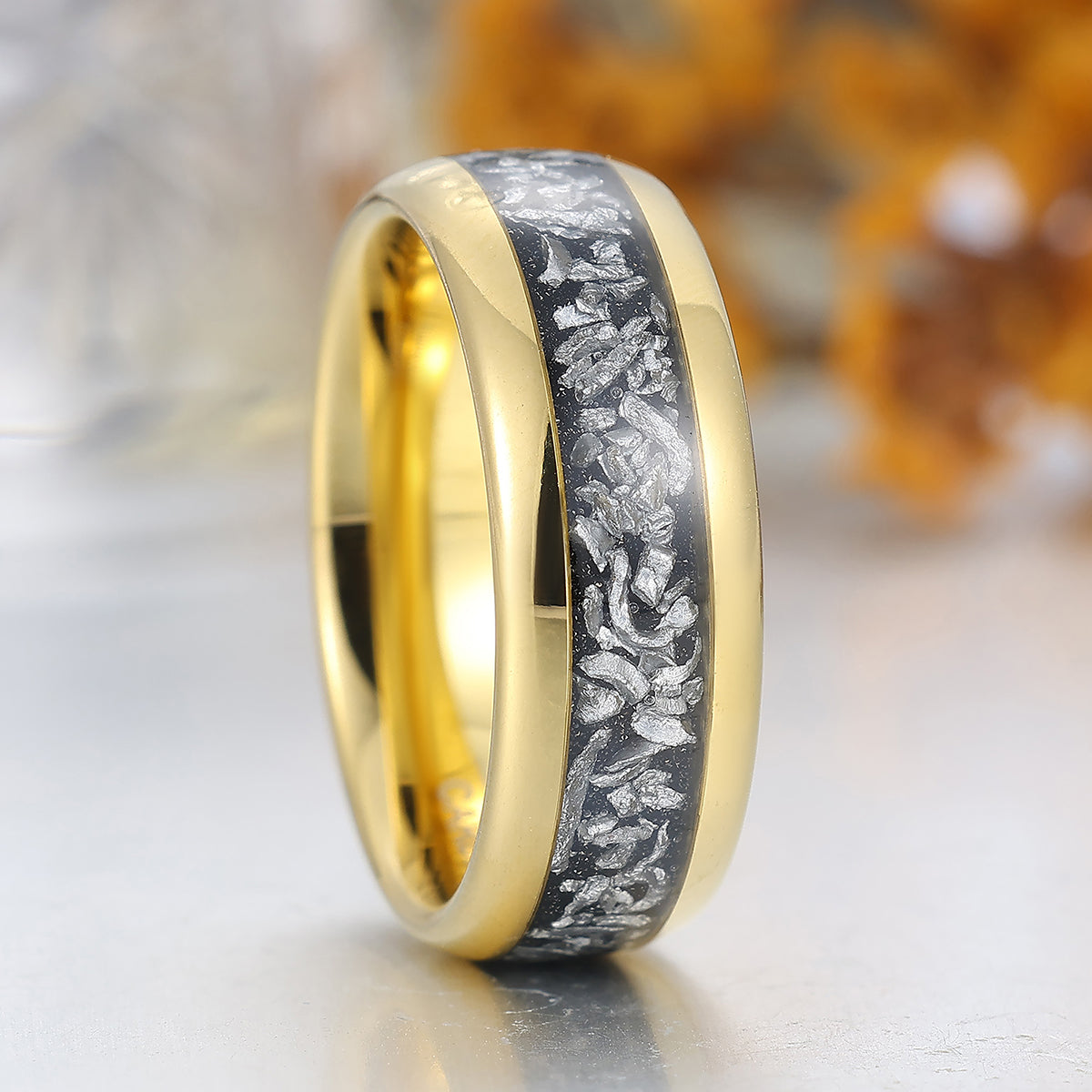 Crushed Black Meteorite Tungsten Comfort Fit Ring Yellow Gold Polished Dome Men's Ring