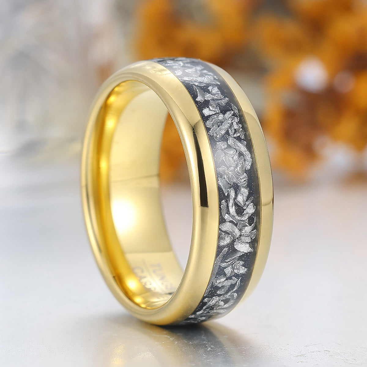 Crushed Black Meteorite Tungsten Comfort Fit Ring Yellow Gold Polished Dome Men's Ring