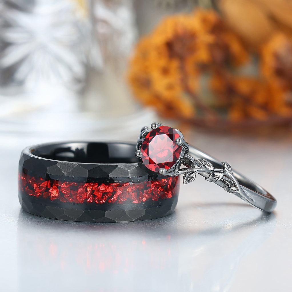 Solitaire Round Cut Red Garnet Couples Ring Set Silver And Tungsten Matching Ring Set