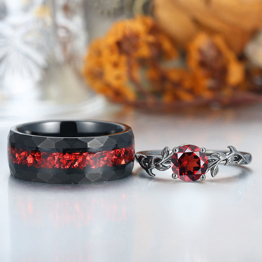 Solitaire Round Cut Red Garnet Couples Ring Set Silver And Tungsten Matching Ring Set