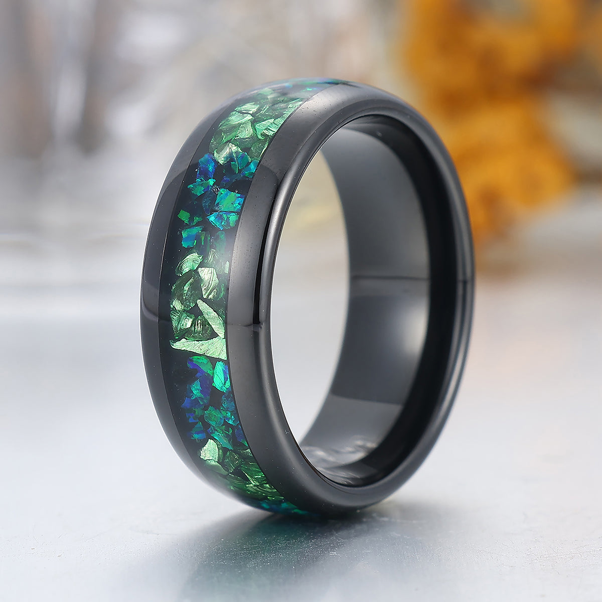 Green Emerald Peacock Green Opal Inlay Mens Tungsten Ring 8mm Black Unisex Ring Wedding Band