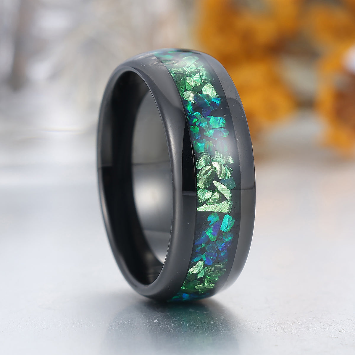 Green Emerald Peacock Green Opal Inlay Mens Tungsten Ring 8mm Black Unisex Ring Wedding Band