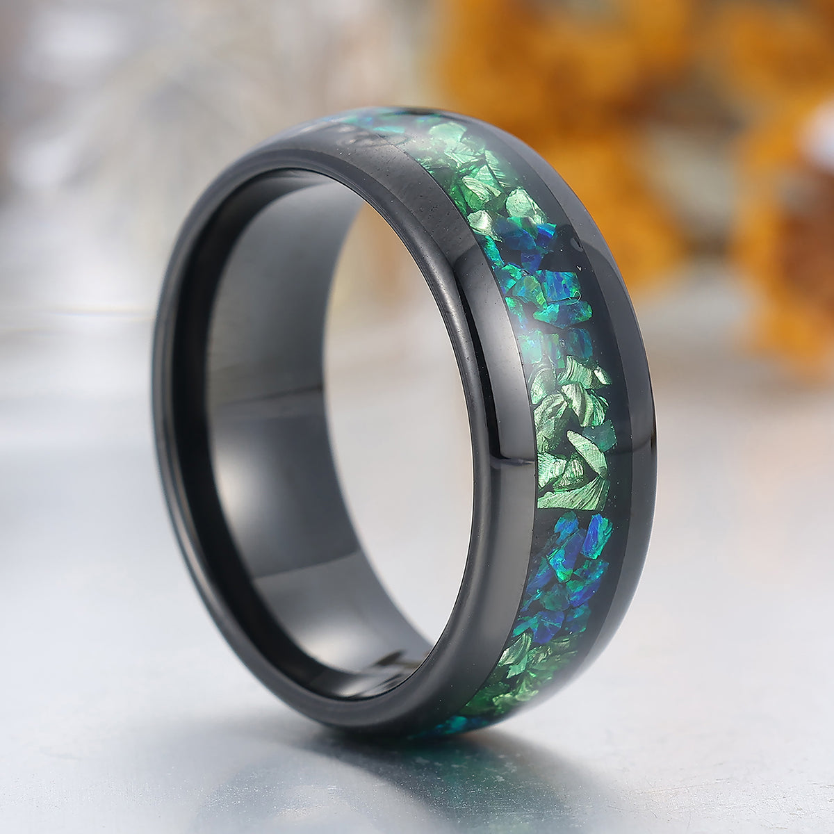Green Emerald Peacock Green Opal Inlay Mens Tungsten Ring 8mm Black Unisex Ring Wedding Band