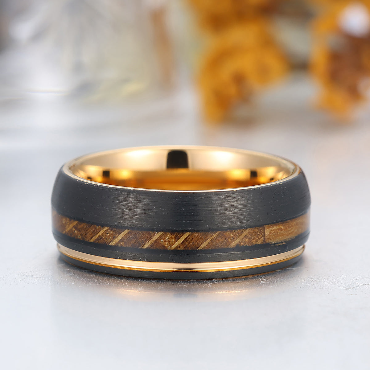Promise Wooden Tungsten Men's Ring Black And Rose Gold Plated Tungten Wedding Band