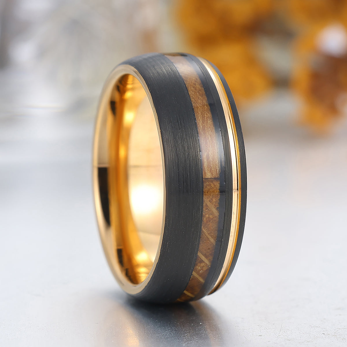 Promise Wooden Tungsten Men's Ring Black And Rose Gold Plated Tungten Wedding Band