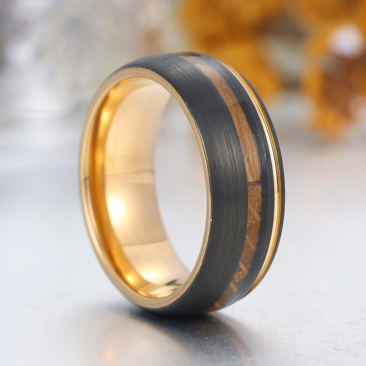 Promise Wooden Tungsten Men's Ring Black And Rose Gold Plated Tungten Wedding Band