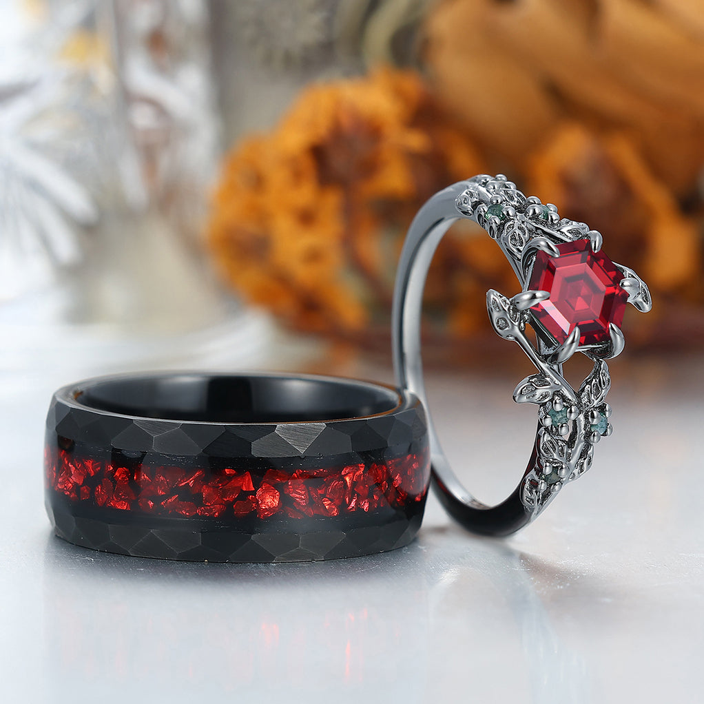 Hexagon Cut Red Garnet  Leaf Couples Ring Set His and Hers Wedding Band Rubys Inlay Tungsten Ring