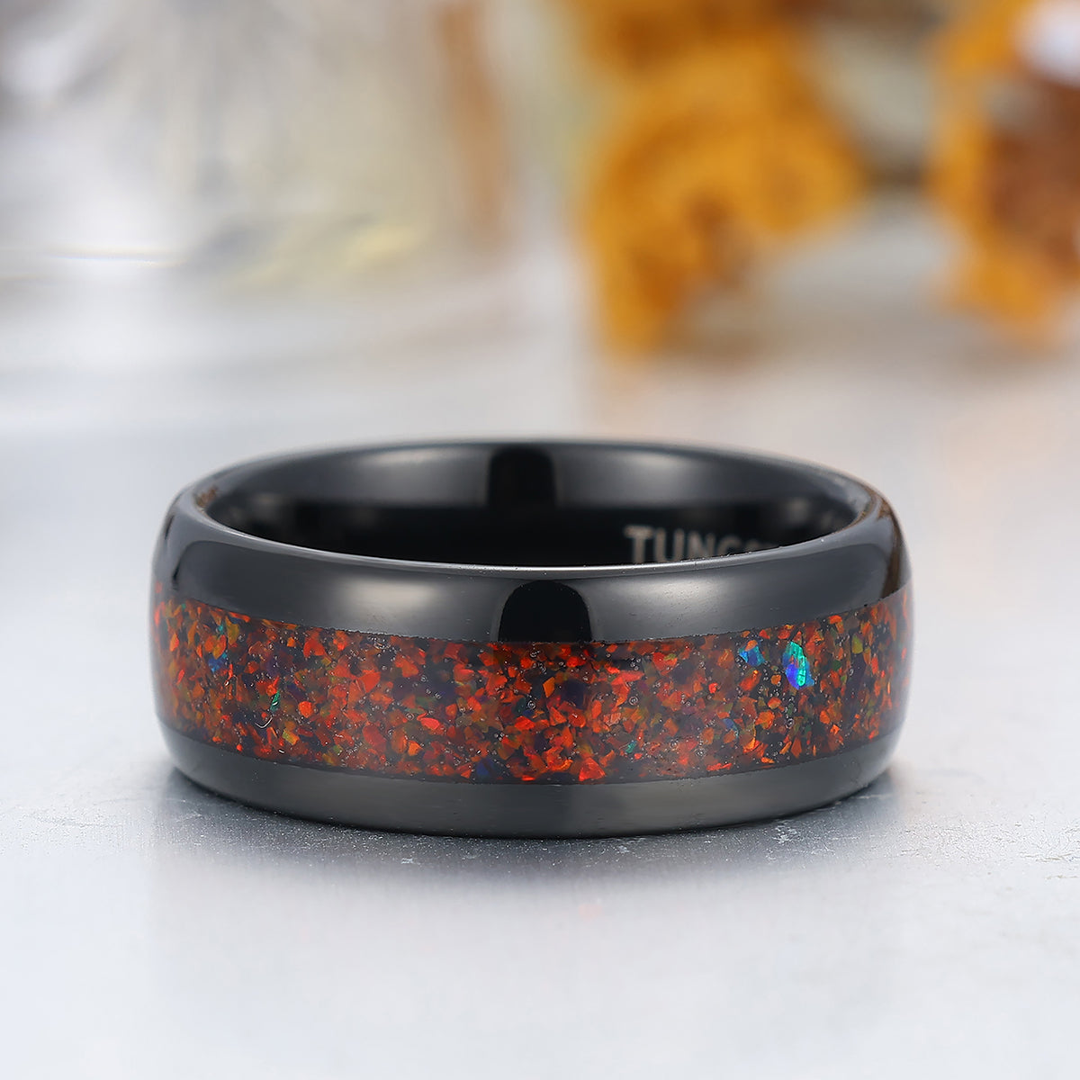 8mm Crushed Red Opal Tungsten Band Black Polished Dome Men's Tungsten Ring