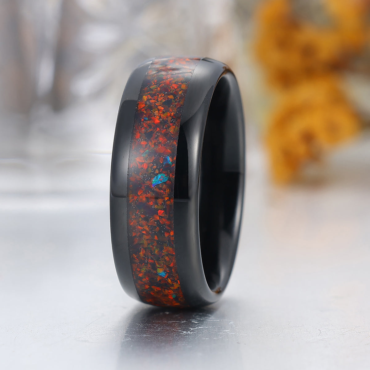 8mm Crushed Red Opal Tungsten Band Black Polished Dome Men's Tungsten Ring