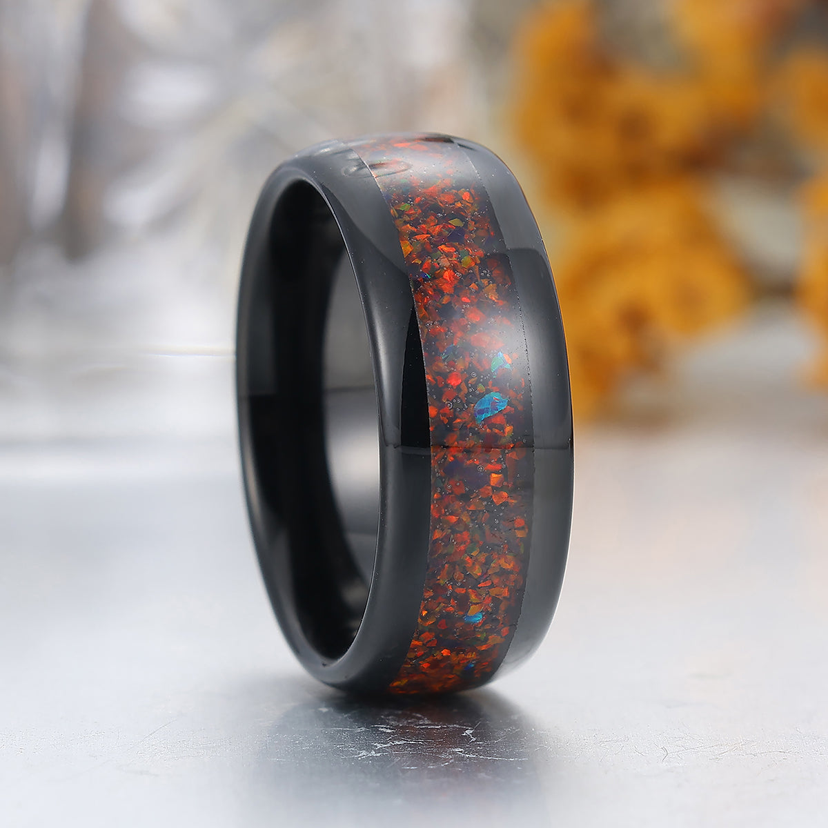 8mm Crushed Red Opal Tungsten Band Black Polished Dome Men's Tungsten Ring