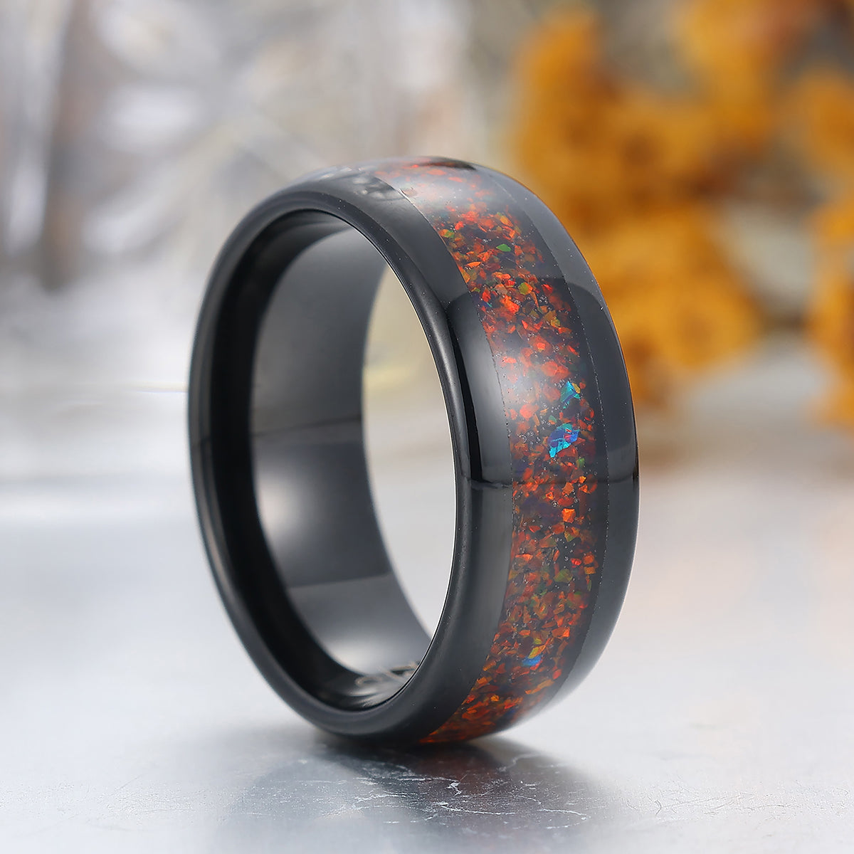 8mm Crushed Red Opal Tungsten Band Black Polished Dome Men's Tungsten Ring