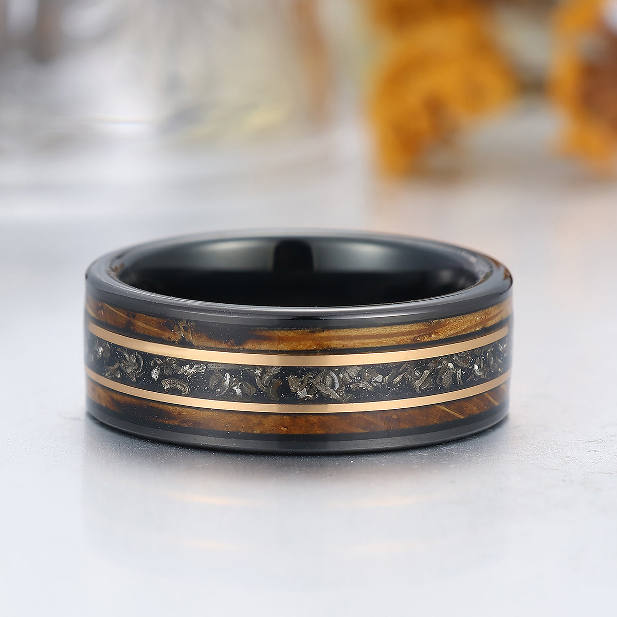 8mm Black Meteorite Wooden Tungsten Ring Black Polished Dome Men's Promise Ring