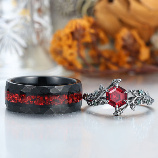 Hexagon Cut Red Garnet  Leaf Couples Ring Set His and Hers Wedding Band Rubys Inlay Tungsten Ring