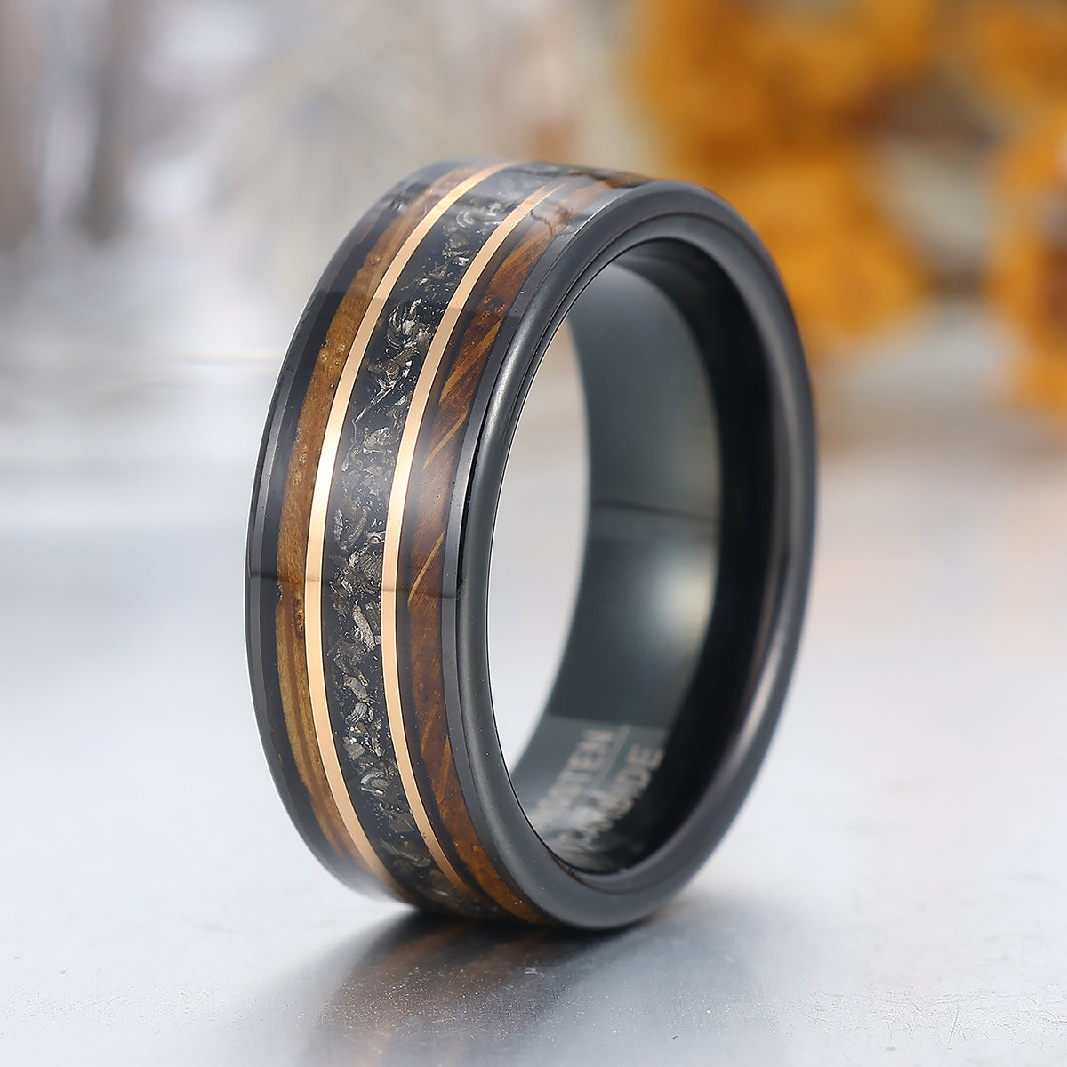 8mm Black Meteorite Wooden Tungsten Ring Black Polished Dome Men's Promise Ring
