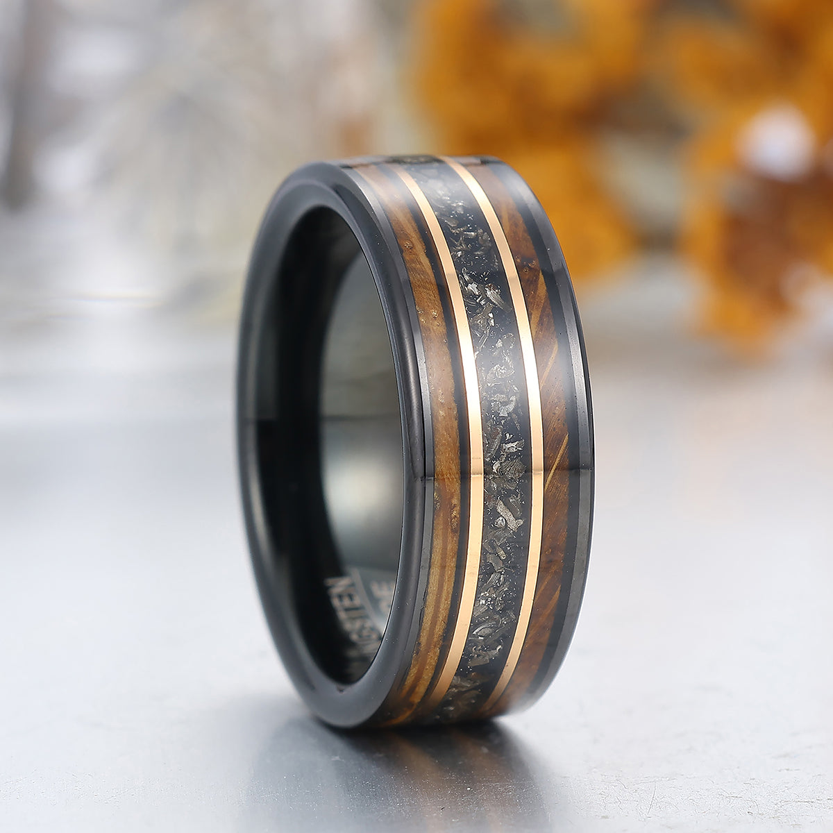 8mm Black Meteorite Wooden Tungsten Ring Black Polished Dome Men's Promise Ring