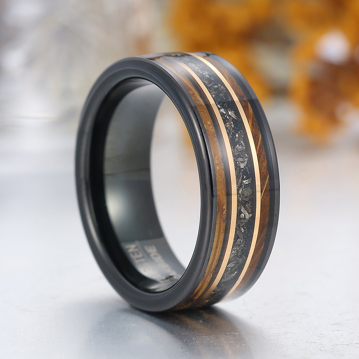 8mm Black Meteorite Wooden Tungsten Ring Black Polished Dome Men's Promise Ring
