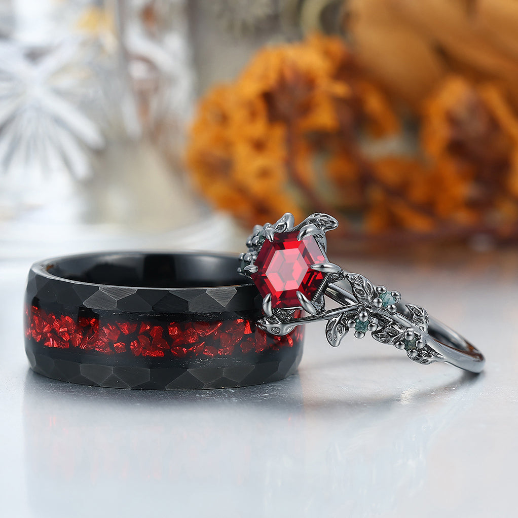 Hexagon Cut Red Garnet  Leaf Couples Ring Set His and Hers Wedding Band Rubys Inlay Tungsten Ring