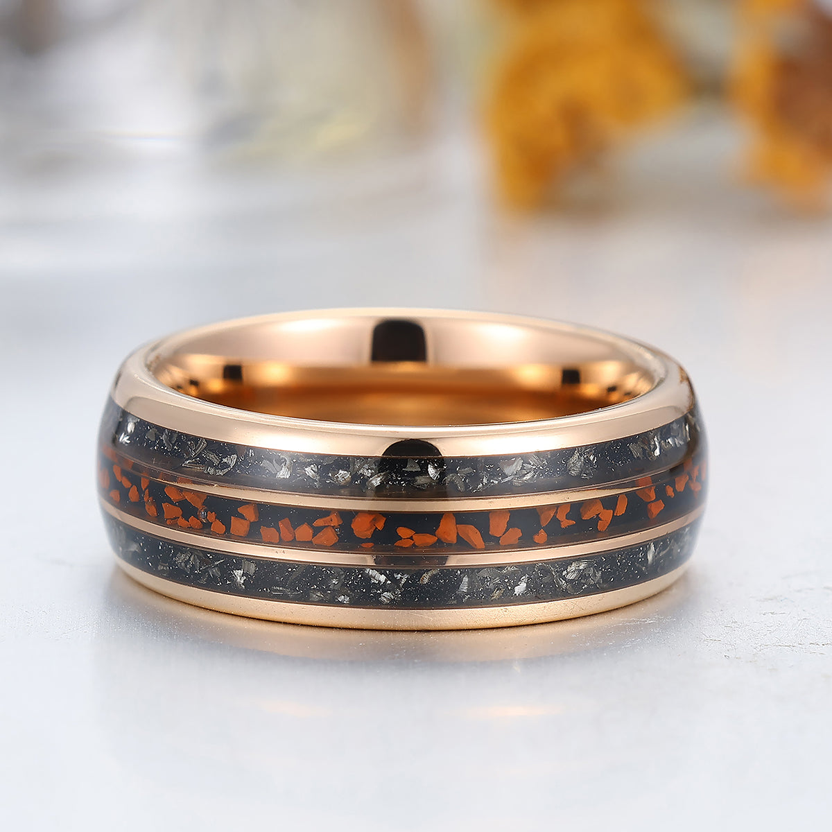 Black Meteorite Crushed Red Stone Tungsten Ring Rose Gold Polished Dome Men's Tungsten Band