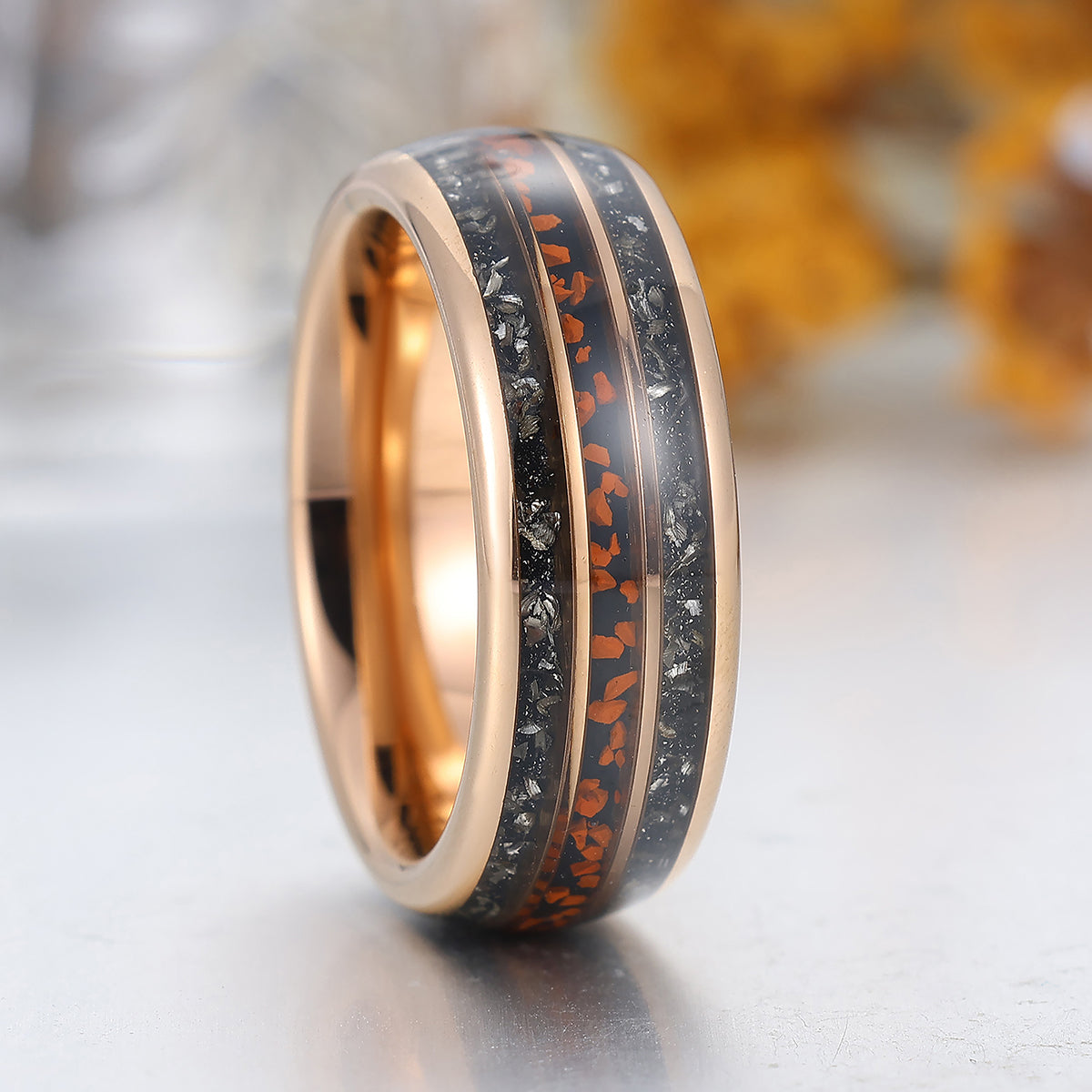 Black Meteorite Crushed Red Stone Tungsten Ring Rose Gold Polished Dome Men's Tungsten Band