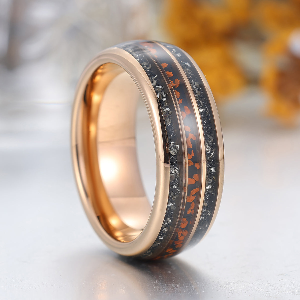 Black Meteorite Crushed Red Stone Tungsten Ring Rose Gold Polished Dome Men's Tungsten Band