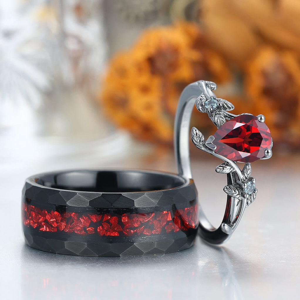 Pear Cut Natural Red Garnet Engagement Aquamarine Inlaid His and Hers Wedding Ring