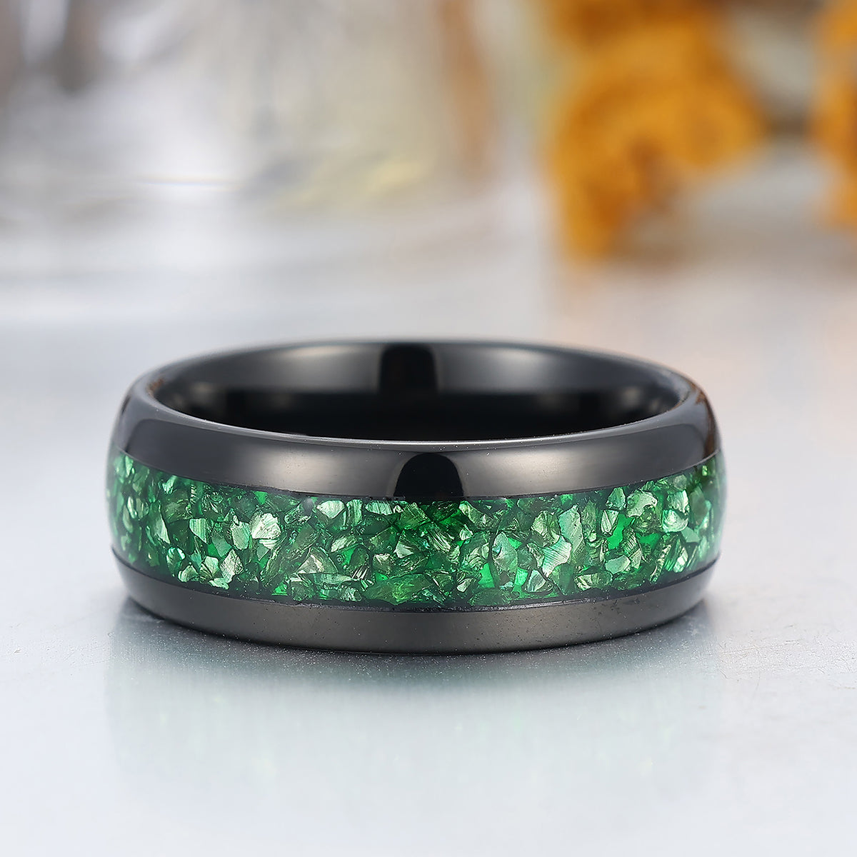 Green Emerald Tungsten Carbide Ring Polished Dome Black Men's Wedding Band 8mm Green Ring