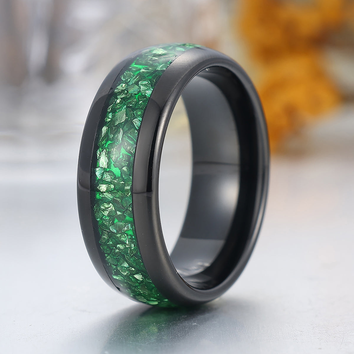 Green Emerald Tungsten Carbide Ring Polished Dome Black Men's Wedding Band 8mm Green Ring