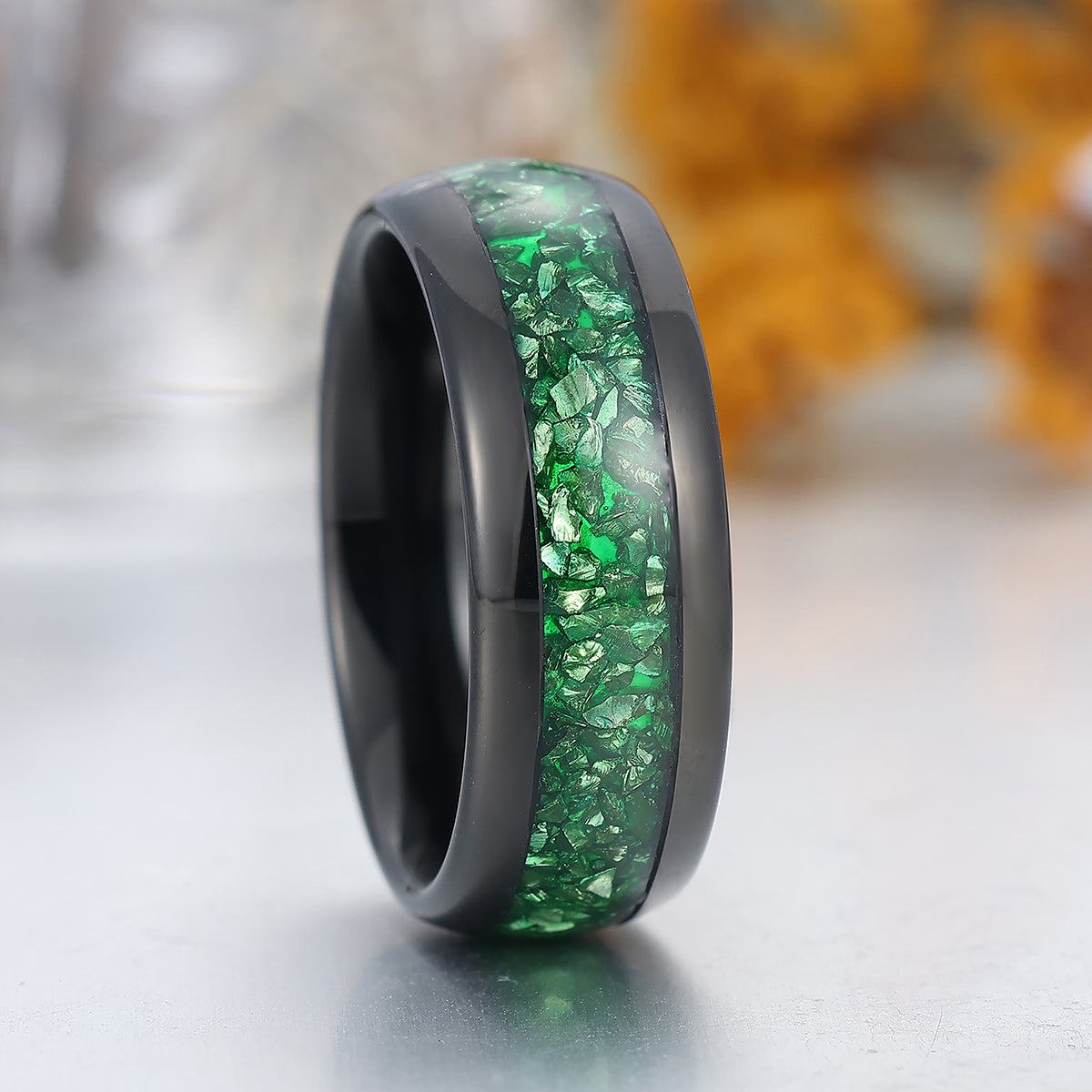 Green Emerald Tungsten Carbide Ring Polished Dome Black Men's Wedding Band 8mm Green Ring