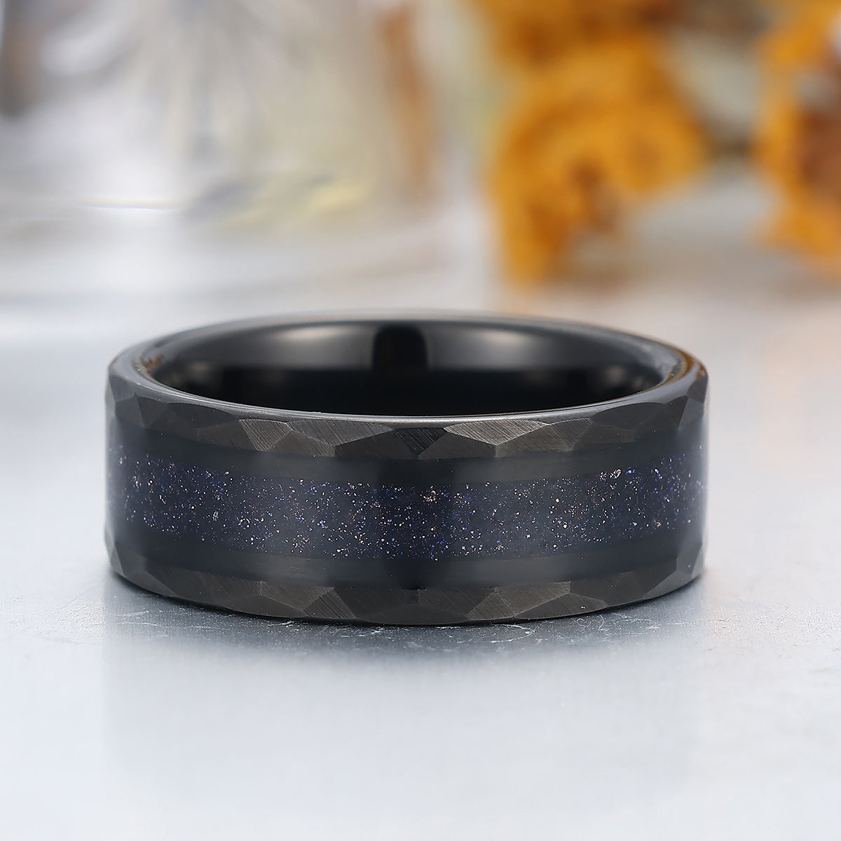 Galaxy Blue Sandstone Mens Tungsten Ring 8mm Starry Black Hammered Wedding Band
