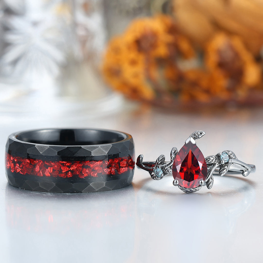 Pear Cut Natural Red Garnet Engagement Aquamarine Inlaid His and Hers Wedding Ring
