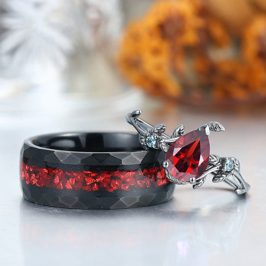 Pear Cut Natural Red Garnet Engagement Aquamarine Inlaid His and Hers Wedding Ring