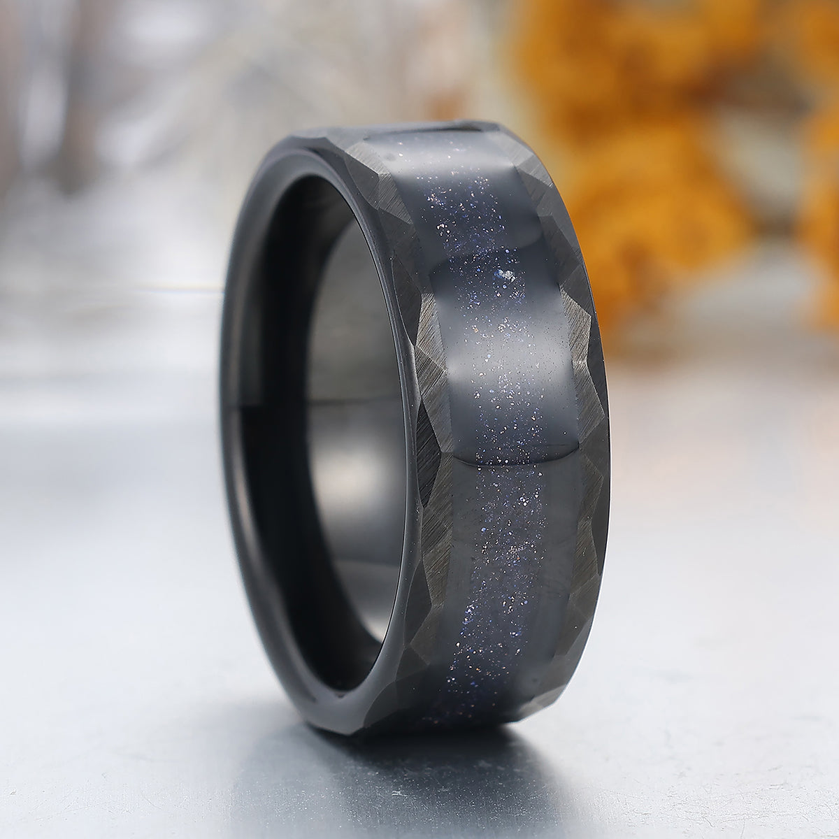 Galaxy Blue Sandstone Mens Tungsten Ring 8mm Starry Black Hammered Wedding Band