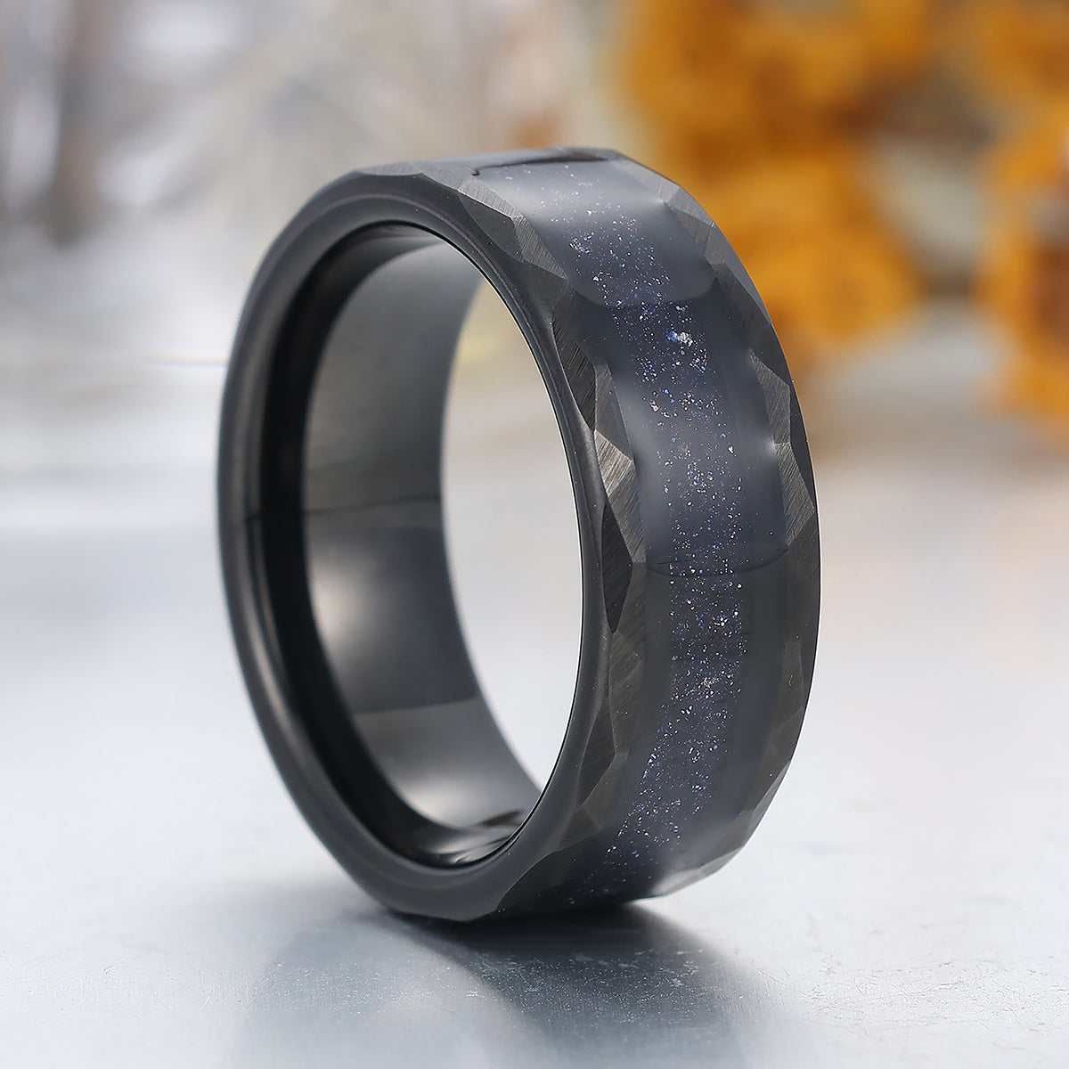 Galaxy Blue Sandstone Mens Tungsten Ring 8mm Starry Black Hammered Wedding Band