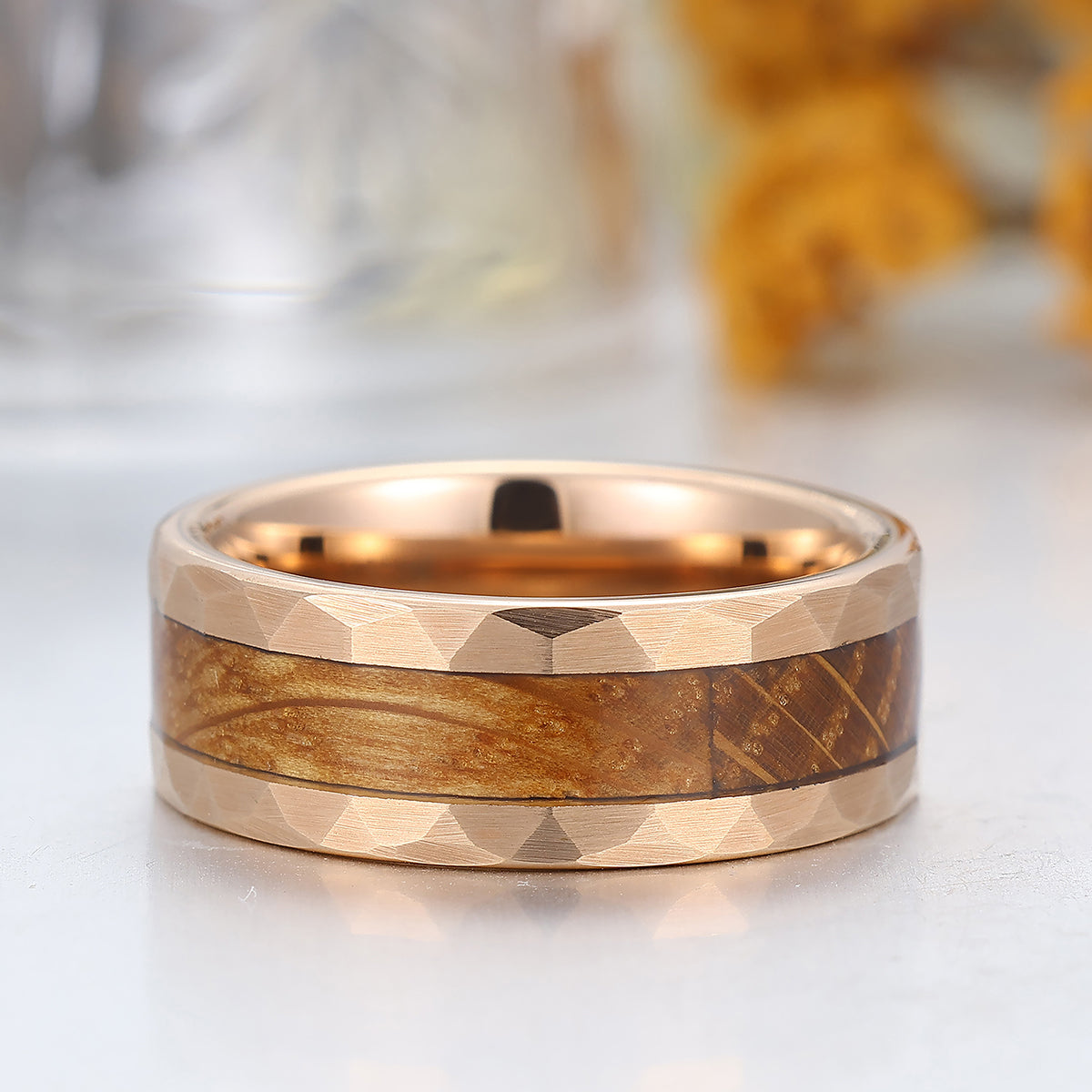 Personalized Wood Inlay Mens Tungsten Wedding Band Rose Gold Wooden Anniversary Unisex Ring