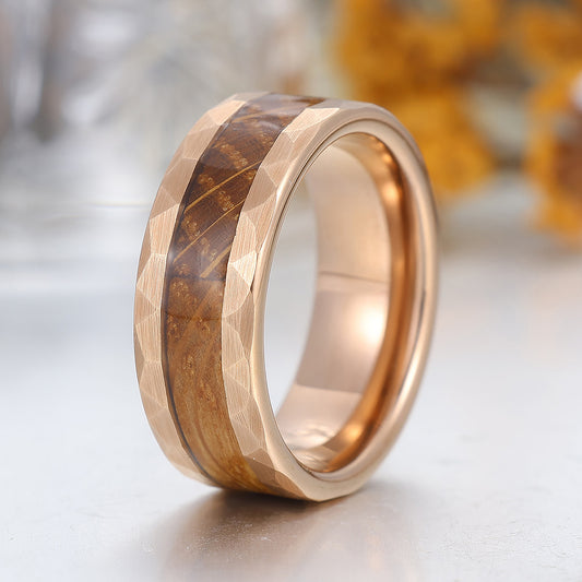 Personalized Wood Inlay Mens Tungsten Wedding Band Rose Gold Wooden Anniversary Unisex Ring