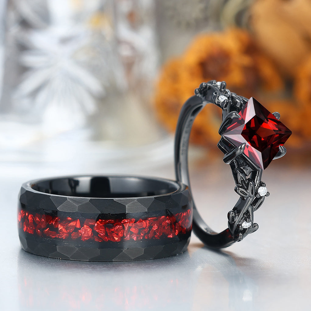 Exquisite Princess Leaf Red Garnet Engagement Couple Rings And Tungsten Black Plated His And Hers Matching Bands