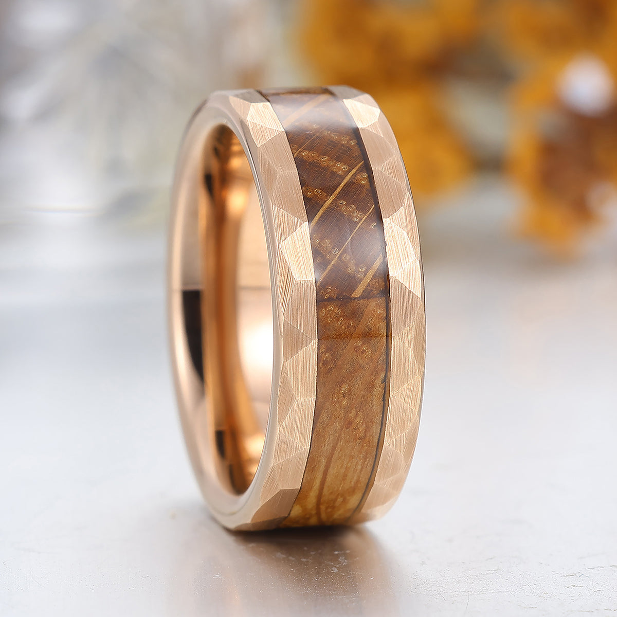 Personalized Wood Inlay Mens Tungsten Wedding Band Rose Gold Wooden Anniversary Unisex Ring