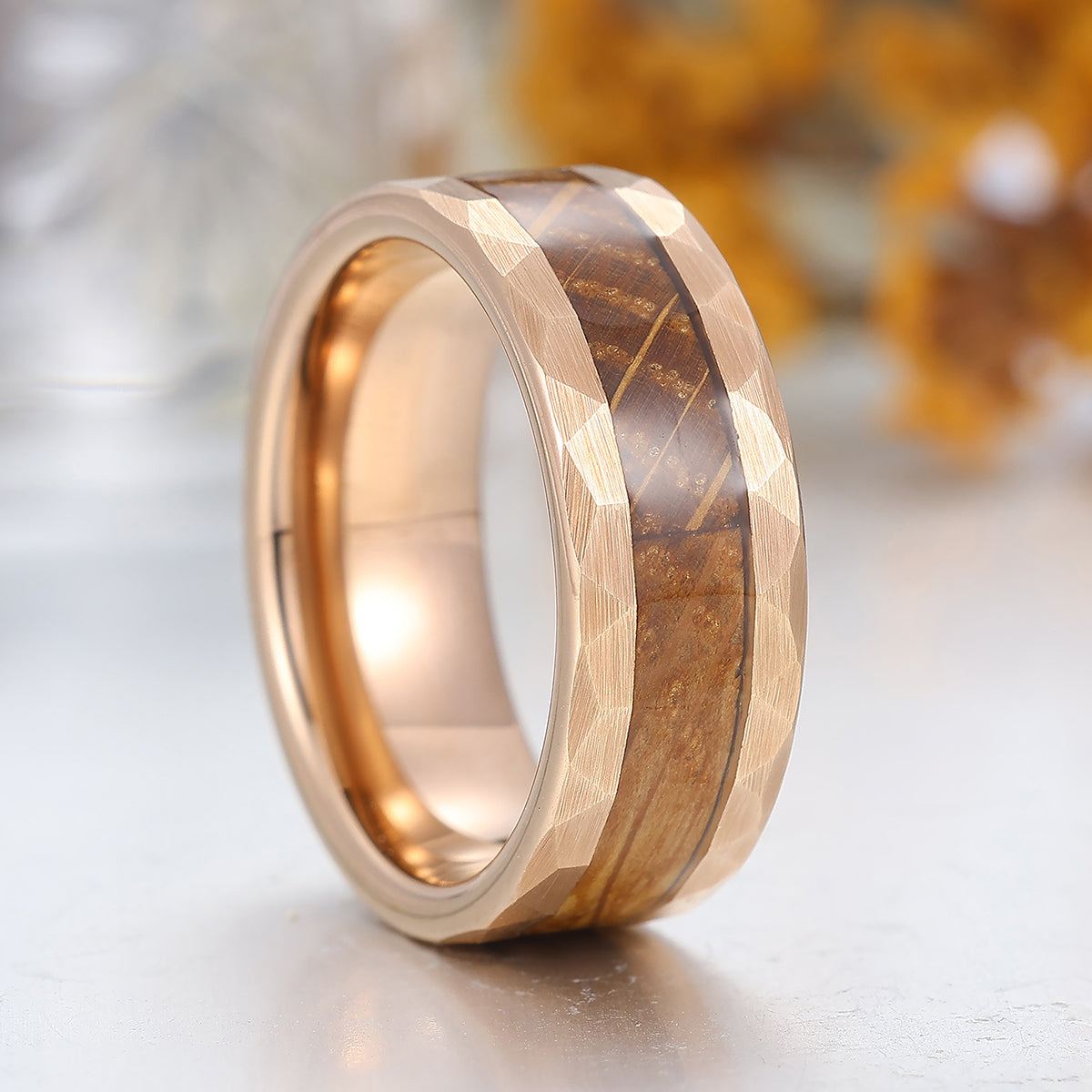 Personalized Wood Inlay Mens Tungsten Wedding Band Rose Gold Wooden Anniversary Unisex Ring
