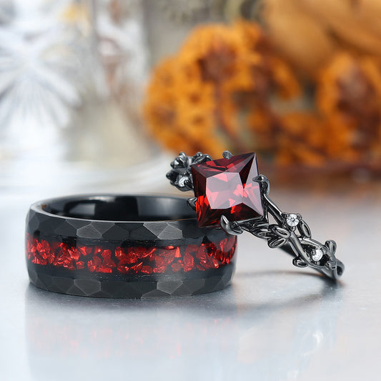 Exquisite Princess Leaf Red Garnet Engagement Couple Rings And Tungsten Black Plated His And Hers Matching Bands