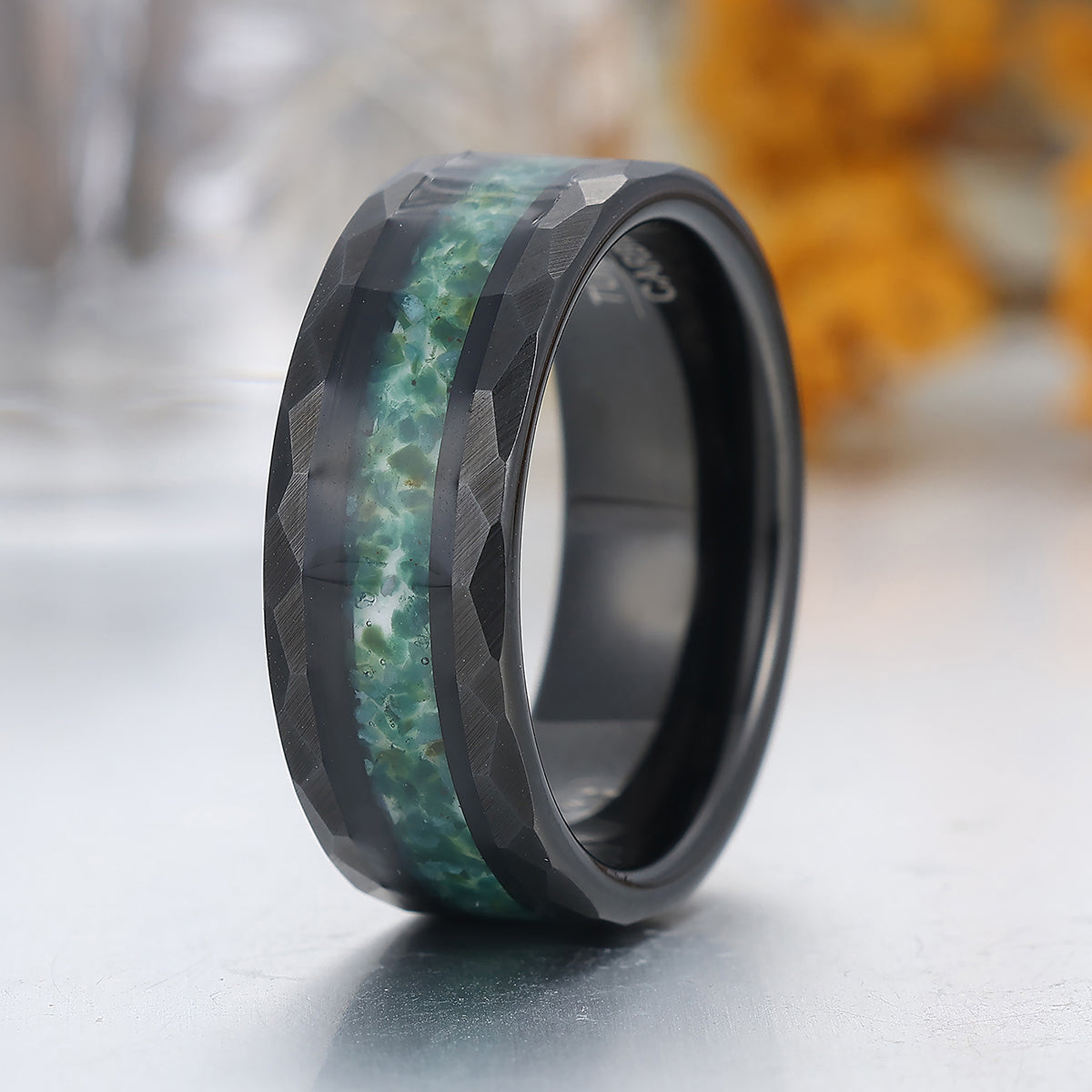 Crushed Moss Agate Tungsten Carbide Wedding Band Men's Green Hammered Black Ring